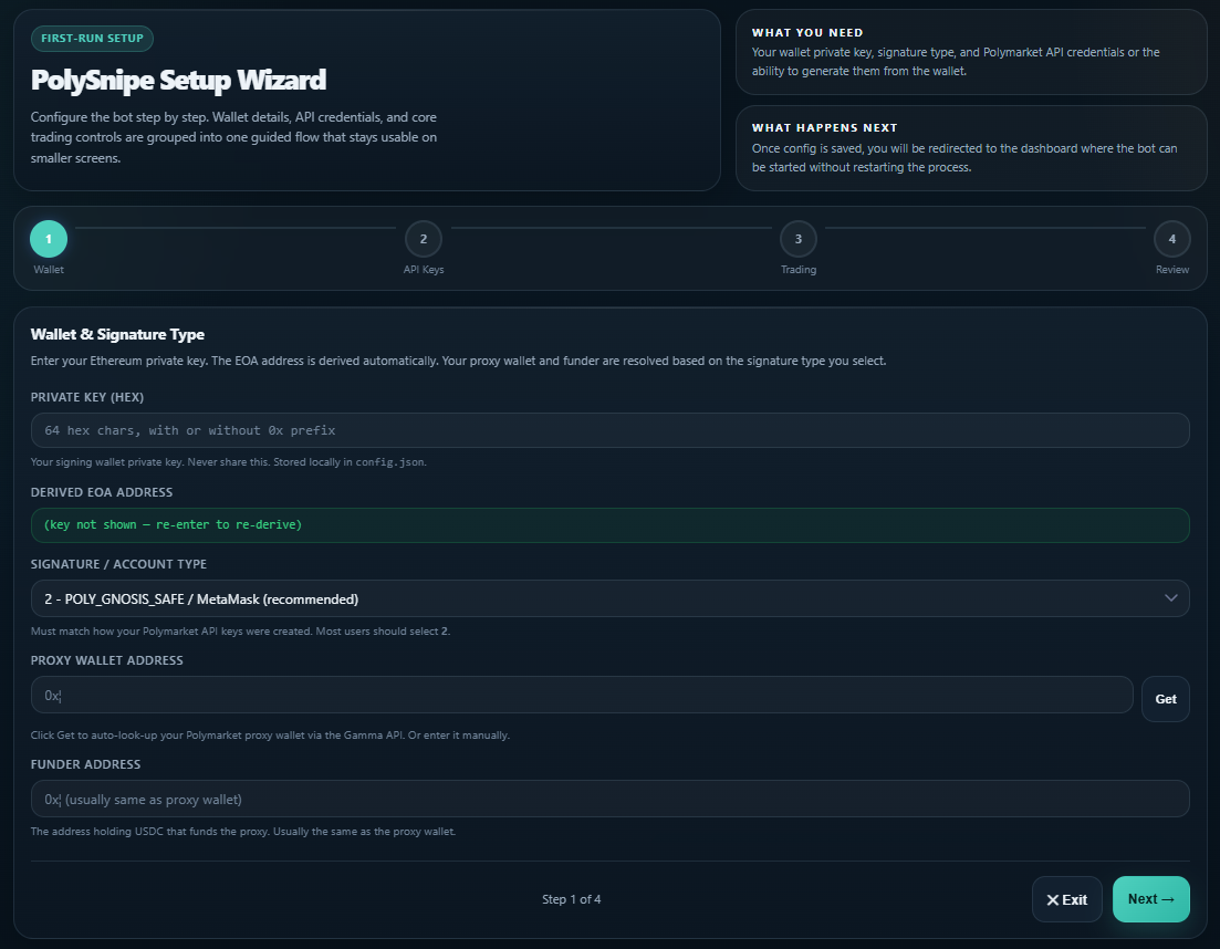 PolySnipe Bot Setup Wizard screenshot